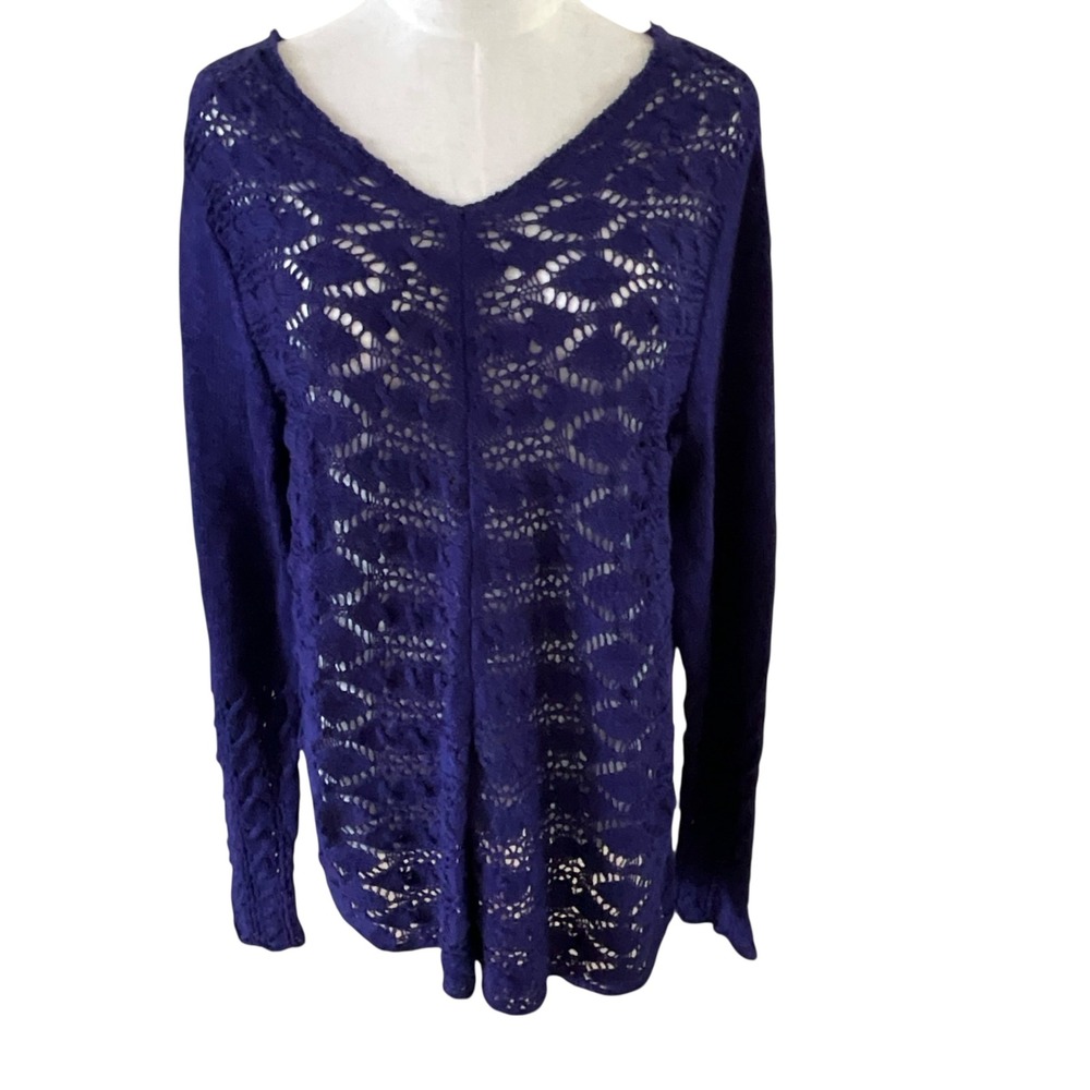 Chicos Crochet Pullover Sweater‎ Size 2 Long Sleeve Orbital Purple